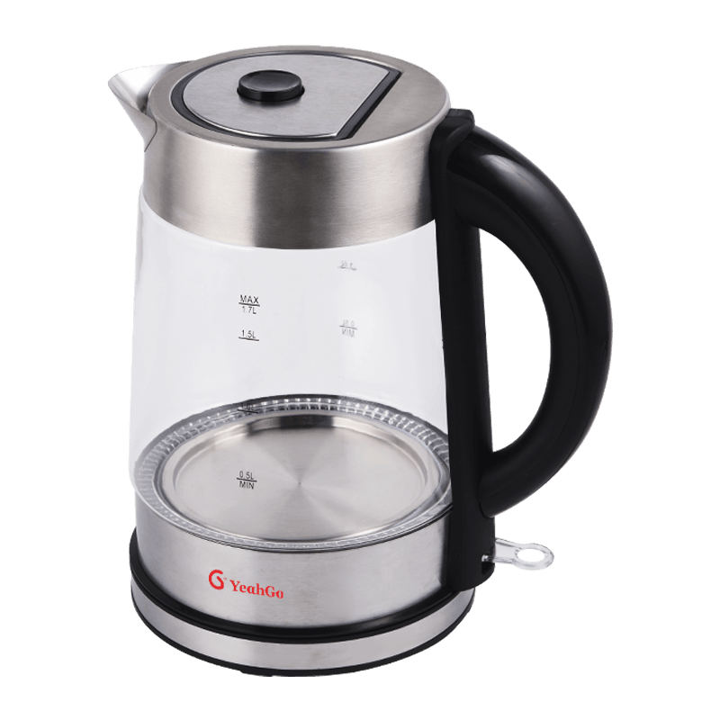 1.7L One-touch pop-up lid double stainless steel wrapped high borosilicate cylindrical shaped Glass kettle